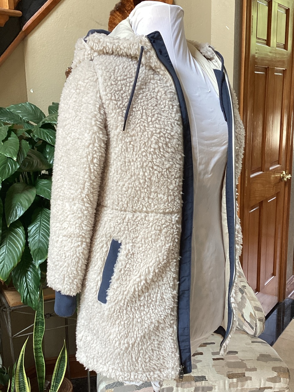 Patagonia Cream Teddy Hooded Jacket with Navy Trim